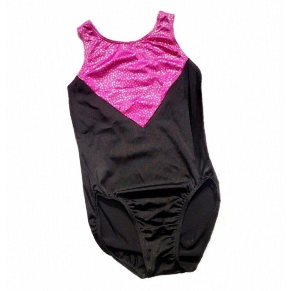 GK Elite VTG Racerback Leotard AL Gold Metallic Polkadots Magenta Black Adult L
